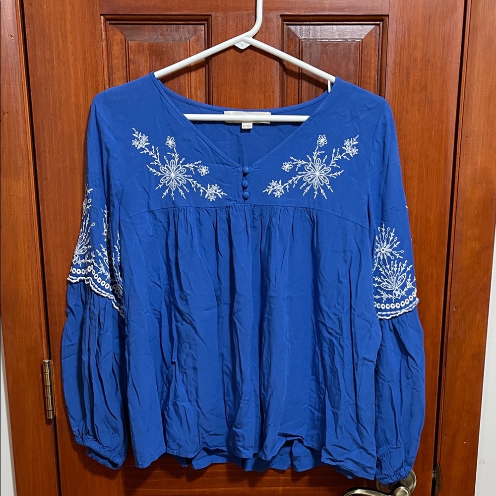 Women's Blue Embroidered Peasant Top